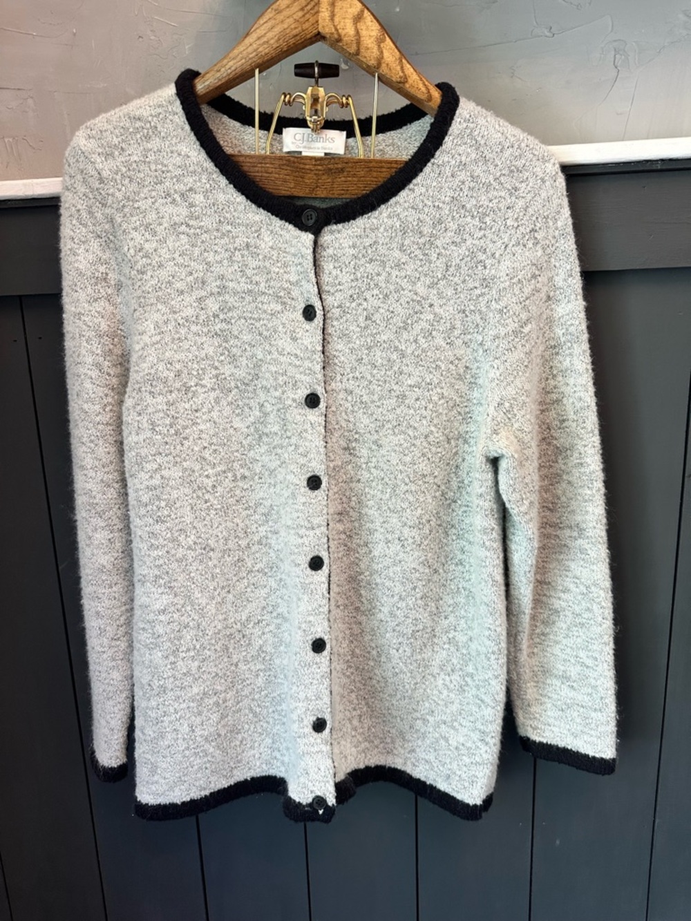 CJ Banks Cream Gray Soft Knit Cardigan with Black Trim size X